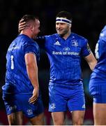 22 February 2019; Ed Byrne, left, is congratulated by Leinster teammate Fergus McFadden after scoring his side's second try during the Guinness PRO14 Round 16 match between Leinster and Southern Kings at the RDS Arena in Dublin. Photo by Ramsey Cardy/Sportsfile