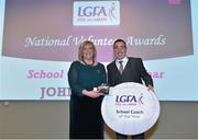 22 February 2019; John Kennedy from Glenamaddy, Co. Galway, is presented with the School Coach of the Year award by Ladies Gaelic Football Association President Marie Hickey, at the 2018 LGFA Volunteer of the Year awards night. Croke Park, Dublin.  Photo by Sam Barnes/Sportsfile