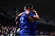 22 February 2019; Noel Reid of Leinster is congratulated by team-mate Fergus McFadden after scoring his side's fourth try during the Guinness PRO14 Round 16 match between Leinster and Southern Kings at the RDS Arena in Dublin. Photo by David Fitzgerald/Sportsfile