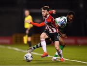 22 February 2019; Jamie McDonagh of Derry City in action against Daniel Carr of Shamrock Rovers during the SSE Airtricity League Premier Division match between Shamrock Rovers and Derry City at Tallaght Stadium in Dublin. Photo by Seb Daly/Sportsfile