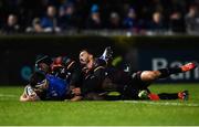 22 February 2019; Max Deegan of Leinster scores his side's seventh try despite the tackles from Bjorn Basson, right, and Masixole Banda of Southern Kings during the Guinness PRO14 Round 16 match between Leinster and Southern Kings at the RDS Arena in Dublin. Photo by David Fitzgerald/Sportsfile