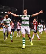 22 February 2019; Aaron McEneff of Shamrock Rovers celebrates after scoring his side's second goal during the SSE Airtricity League Premier Division match between Shamrock Rovers and Derry City at Tallaght Stadium in Dublin. Photo by Seb Daly/Sportsfile