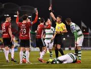 22 February 2019; Referee Robert Hennessy shows a red card to Jamie McDonagh of Derry City during the SSE Airtricity League Premier Division match between Shamrock Rovers and Derry City at Tallaght Stadium in Dublin. Photo by Seb Daly/Sportsfile