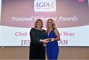 22 February 2019; Jess Brennan, Blessington, Co. Wicklow, right, is presented with the Coach of the Year award by Ladies Gaelic Football Association President Marie Hickey at the 2018 LGFA Volunteer of the Year awards night. Croke Park, Dublin. Photo by Sam Barnes/Sportsfile