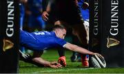 22 February 2019; Rory O'Loughlin of Leinster dives over to score his side's ninth try during the Guinness PRO14 Round 16 match between Leinster and Southern Kings at the RDS Arena in Dublin. Photo by Ramsey Cardy/Sportsfile