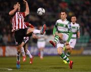 22 February 2019; Sean Kavanagh of Shamrock Rovers in action against Eoin Toal of Derry City during the SSE Airtricity League Premier Division match between Shamrock Rovers and Derry City at Tallaght Stadium in Dublin. Photo by Seb Daly/Sportsfile