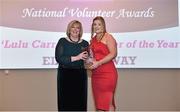 22 February 2019; Edel Conway, Doonbeg, Co. Clare, right, is presented with the Lulu Carroll award for Overall Volunteer of the Year award by Ladies Gaelic Football Association President Marie Hickey, at the 2018 LGFA Volunteer of the Year awards night. Croke Park, Dublin.  Photo by Sam Barnes/Sportsfile