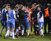 22 February 2019; Players and officials from Finn Harps and Dundalk clash following the SSE Airtricity League Premier Division match between Finn Harps and Dundalk at Finn Park in Ballybofey, Donegal. Photo by Stephen McCarthy/Sportsfile