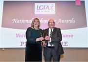 22 February 2019; Philip O’Hare, Co. Down & Ulster LGFA, is presented with the Volunteer Hall of Fame award by Ladies Gaelic Football Association President Marie Hickey, at the 2018 LGFA Volunteer of the Year awards night. Croke Park, Dublin.  Photo by Sam Barnes/Sportsfile