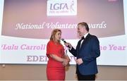 22 February 2019; Overall Volunteer of the Year winner Edel Conway, Doonbeg, Co. Clare, speaks with MC Dáithí Ó Sé at the 2018 LGFA Volunteer of the Year awards night. Croke Park, Dublin.  Photo by Sam Barnes/Sportsfile