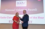 22 February 2019; Overall Volunteer of the Year winner Edel Conway, Doonbeg, Co. Clare, speaks with MC Dáithí Ó Sé at the 2018 LGFA Volunteer of the Year awards night. Croke Park, Dublin.  Photo by Sam Barnes/Sportsfile