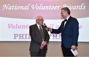 22 February 2019; Volunteer Hall of Fame Winner Philip O’Hare, Co. Down & Ulster LGFA, left, speaking with MC Dáithí Ó Sé at the 2018 LGFA Volunteer of the Year awards night. Croke Park, Dublin.  Photo by Sam Barnes/Sportsfile