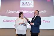 22 February 2019; Committee Officer of the Year Nora Fealy, Co. Kerry, speaks with MC Dáithí Ó Sé during the 2018 LGFA Volunteer of the Year awards night. Croke Park, Dublin.  Photo by Sam Barnes/Sportsfile