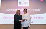 22 February 2019; Nora Fealy, Co. Kerry, right, is presented with the Committee Officer of the Year award by Ladies Gaelic Football Association President Marie Hickey, at the 2018 LGFA Volunteer of the Year awards night. Croke Park, Dublin.  Photo by Sam Barnes/Sportsfile