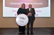 22 February 2019; Philip O’Hare, Co. Down & Ulster LGFA, is presented with the Volunteer Hall of Fame award by Ladies Gaelic Football Association President Marie Hickey, at the 2018 LGFA Volunteer of the Year awards night. Croke Park, Dublin.  Photo by Sam Barnes/Sportsfile