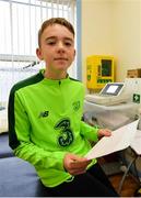 23 February 2019; Alex McKenna, age 12, from Duleek, Co. Meath, with his ECG during the Mrs. Brown's Boys FAI Heart Care Programme at United Park in Drogheda, Co Louth. Photo by Seb Daly/Sportsfile