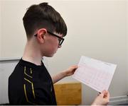 23 February 2019; Oisin Yore, age 12, from Carnaross, Co. Meath, with his ECG during the Mrs. Brown's Boys FAI Heart Care Programme at United Park in Drogheda, Co Louth. Photo by Seb Daly/Sportsfile