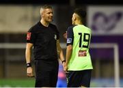 22 February 2019; Referee Ben Connolly in conversation with Jaze Kabia of Cobh Ramblers during the SSE Airtricity League First Division match between Drogheda United and Cobh Ramblers in United Park in Drogheda, Co. Louth. Photo by Ben McShane/Sportsfile