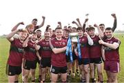 23 February 2019; Captain of St Mary's University College Belfast Paul Gunning lifts the Fergal Maher Cup as his team-mates celebrate after the Electric Ireland HE GAA Fergal Maher Cup Final match between Marino Institute of Education and St Mary's University College Belfast at Waterford IT in Waterford. Photo by Matt Browne/Sportsfile