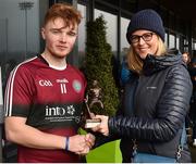 23 February 2019; Tiarnan Murphy of St Mary's University College Belfast is presented with the man of the match trophy by Lynne D’Arcy from Electric Ireland following the Electric Ireland HE GAA Fergal Maher Cup Final between Marino Institute of Education and St Mary's University College Belfast at Waterford IT in Waterford. Photo by Matt Browne/Sportsfile