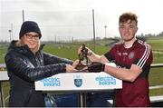23 February 2019; Tiarnan Murphy of St Mary's University College Belfast is presented with the man of the match trophy by Lynne D’Arcy from Electric Ireland following the Electric Ireland HE GAA Fergal Maher Cup Final between Marino Institute of Education and St Mary's University College Belfast at Waterford IT in Waterford. Photo by Matt Browne/Sportsfile