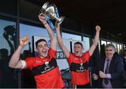 23 February 2019; University College Cork joint captains Eoghan Murphy, left, and Conor Browne lift the Fitzgibbon Cup after the Electric Ireland HE GAA Fitzgibbon Cup Final match between Mary Immaculate College and University College Cork at Waterford IT in Waterford. Photo by Matt Browne/Sportsfile