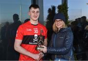 23 February 2019; Mark Kehoe is presented with the Man of the Match award by Lynne D’Arcy from Electric Ireland following the Electric Ireland HE GAA Fitzgibbon Cup Final match between Mary Immaculate College and University College Cork at Waterford IT in Waterford. Photo by Matt Browne/Sportsfile