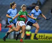 23 February 2019; Fiona Doherty of Mayo under pressure from Olwen Carey of Dublin kicks her side's third goal, in the 20th minute, during the Lidl Ladies NFL Division 1 Round 3 match between Dublin and Mayo at Croke Park in Dublin. Photo by Ray McManus/Sportsfile