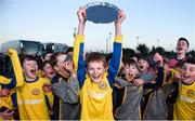 23 February 2019; South Tipperary captain Tom Delaney lifts the plate and celebrates with team-mates following the U13 SFAI SUBWAY Plate National Final match between Midlands SL and South Tipperary at Mullingar Athletic FC in Gainestown, Mullingar, Co. Westmeath. Photo by David Fitzgerald/Sportsfile