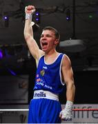 23 February 2019;  Patryk Adamus, right, celebrates after being announced as winner against Christian Cekiso following their 57kg bout at the 2019 National Elite Men’s & Women’s Boxing Championships Finals at the National Stadium in Dublin. Photo by Sam Barnes/Sportsfile