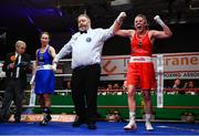 23 February 2019; Michaela Walsh, celebrates after being announced as the winner against Dearbhla Duffy following their 57kg bout at the 2019 National Elite Men’s & Women’s Boxing Championships Finals at the National Stadium in Dublin. Photo by Sam Barnes/Sportsfile