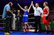 23 February 2019; Amy Broadhurst celebrates with after being announced as winner over Moira McElligot following their 64kg bout at the 2019 National Elite Men’s & Women’s Boxing Championships Finalsat the National Stadium in Dublin. Photo by Sam Barnes/Sportsfile