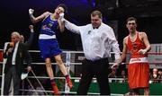 23 February 2019; Adam Hession celebrates after being declared winner over Evan Metcalf following their 52kg bout at the 2019 National Elite Men’s & Women’s Boxing Championships Finals at the National Stadium in Dublin. Photo by Sam Barnes/Sportsfile