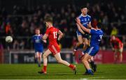 23 February 2019; Cathal McShane of Tyrone in action against Dermot Malone and Drew Wylie, 3, of Monaghan during the Allianz Football League Division 1 Round 4 match between Tyrone and Monaghan at Healy Park in Omagh, Co Tyrone. Photo by Stephen McCarthy/Sportsfile