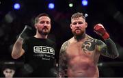23 February 2019; Charlie Ward, right, celebrates with SBG coach John Kavanagh following his win against Jamie Stephenson in their Middleweight bout during Bellator 217 at the 3 Arena in Dublin. Photo by David Fitzgerald/Sportsfile