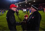 23 February 2019; Tyrone manager Mickey Harte is congratulated by Charlie McKeown and his grandson Michael Doran, age 7, following the Allianz Football League Division 1 Round 4 match between Tyrone and Monaghan at Healy Park in Omagh, Co Tyrone. Photo by Stephen McCarthy/Sportsfile