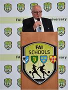 23 February 2019; Owen Aiston, Chairman Schools' Association Football International Board, speaking during the FAI Schools 50th Anniversary at Knightsbrook Hotel, Trim, Co Meath. Photo by Seb Daly/Sportsfile