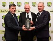 23 February 2019; Seán Carr, Chairman, FAI Schools, centre, is presented with an award by FAI President Donal Conway, left, and Alex Harkin, Treasurer, FAI Schools, during the FAI Schools 50th Anniversary at Knightsbrook Hotel, Trim, Co Meath. Photo by Seb Daly/Sportsfile