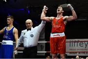 23 February 2019; Thomas O'Toole, right, celebrates after being announced as winner against Tommy Hyde during their 81kg bout at the 2019 National Elite Men’s & Women’s Boxing Championships Finals at the National Stadium in Dublin. Photo by Sam Barnes/Sportsfile