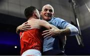 23 February 2019; Kieran Molloy, left, celebrates with his father and coach Stephen Molloy, after winning his 69kg bout at the 2019 National Elite Men’s & Women’s Boxing Championships Finals at the National Stadium in Dublin. Photo by Sam Barnes/Sportsfile