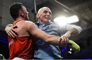 23 February 2019; Kieran Molloy, left, celebrates with his father and coach Stephen Molloy, after winning his 69kg bout at the 2019 National Elite Men’s & Women’s Boxing Championships Finals at the National Stadium in Dublin. Photo by Sam Barnes/Sportsfile