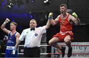 23 February 2019; Kieran Molloy celebrates after being announced as winner against Patrick Donovan following their 69kg bout at the 2019 National Elite Men’s & Women’s Boxing Championships Finals at the National Stadium in Dublin. Photo by Sam Barnes/Sportsfile