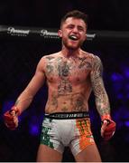 23 February 2019; James Gallagher celebrates following his Bantamweight bout with Steven Graham during Bellator 217 at the 3 Arena in Dublin. Photo by David Fitzgerald/Sportsfile