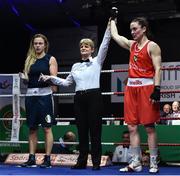 23 February 2019; Kellie Harrington, right, is announced as winner against Jelena Jelic following their 60kg bout at the 2019 National Elite Men’s & Women’s Boxing Championships Finals at the National Stadium in Dublin. Photo by Sam Barnes/Sportsfile