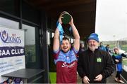 23 February 2019; Paul Gunning  captain of St Mary's University College Belfast lifts the Fergal Maher Cup after the Electric Ireland HE GAA Fergal Maher Cup Final match between Marino Institute of Education and St Mary's University College Belfast at Waterford IT in Waterford. Photo by Matt Browne/Sportsfile