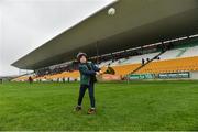 24 February 2019; Galway supporter Shay Fahey, age 6, from Kilbeacanty, Co Galway on the pitch before the Allianz Hurling League Division 1B Round 4 match between Offaly and Galway at Bord Na Mona O'Connor Park in Tullamore, Offaly. Photo by Matt Browne/Sportsfile