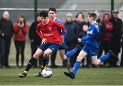 24 February 2019; Cillian McGing of Mayo in action against Sean Óg Tevan of Cavan/Monaghan during the SFAI SUBWAY Liam Miller Cup Championship Final match between Mayo and Cavan/Monaghan at Mullingar Athletic FC in Gainestown, Mullingar, Co. Westmeath. Photo by Sam Barnes/Sportsfile