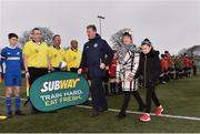 24 February 2019; John Earley, SFAI Chairperson and FAI Board Member, introduces Liam Miller's mother Bridie and daughter Bella, aged 9, to the teams ahead of the SFAI SUBWAY Liam Miller Cup Championship Final match between Mayo and Cavan/Monaghan at Mullingar Athletic FC in Gainestown, Mullingar, Co. Westmeath. Photo by Sam Barnes/Sportsfile