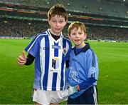 23 February 2019; Jude Gavin, left, a son of Dublin manager Jim, Ballyboden St Endas, and Jamie Brogan, son of former Dublin footballer Alan Brogan, Castleknock GAA, after they had played in the half time games during the Allianz Football League Division 1 Round 4 match between Dublin and Mayo at Croke Park in Dublin. Photo by Ray McManus/Sportsfile
