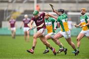 24 February 2019; Niall Burke of Galway in action against Pat Camon and Kevin Dunne of Offaly during the Allianz Hurling League Division 1B Round 4 match between Offaly and Galway at Bord Na Mona O'Connor Park in Tullamore, Offaly. Photo by Matt Browne/Sportsfile